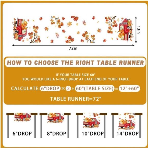 Fall Runner for Table 13 x 72 Inch, Autumn Pumpkin Red Truck Runners for Home - Picture 3 of 4